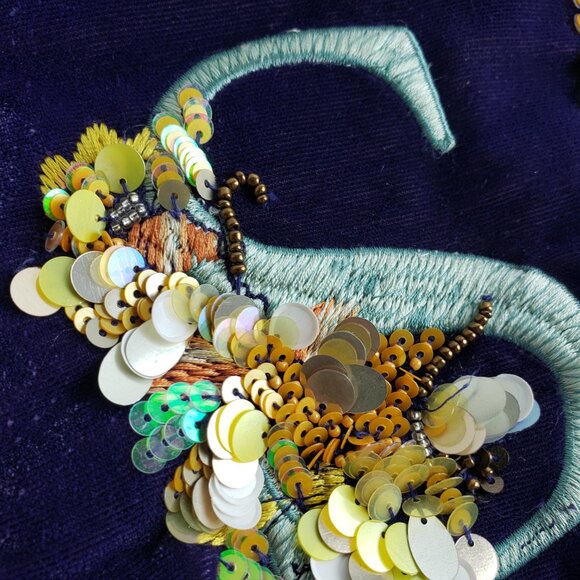 Anthropologie Purse Velour Velvet Monogram Everyday Pouch Zip Sequin Embroidered - Picture 6 of 12